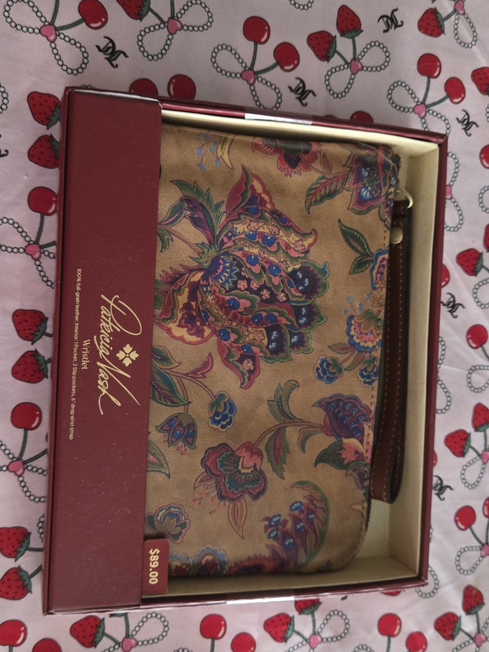 Patricia Nash Tan Floral-Print Leather Wristlet with Multicolor Accents